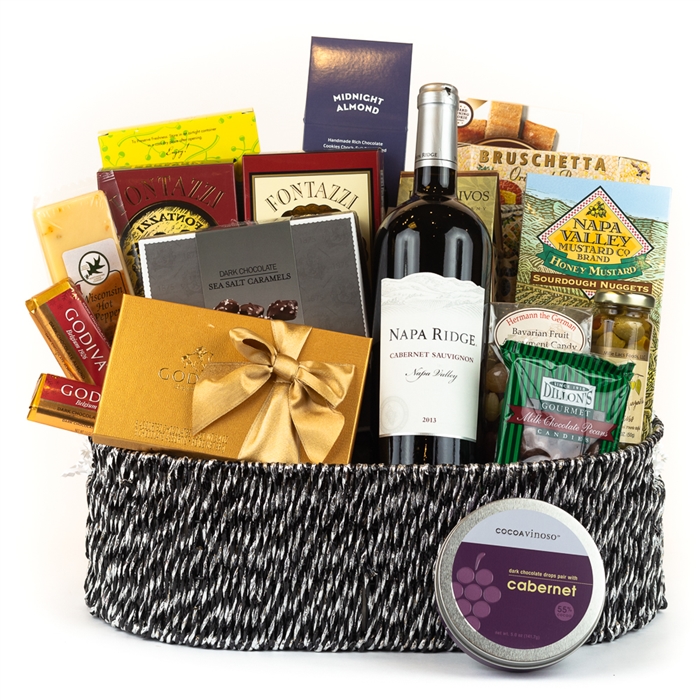 Godiva chocolate and wine Gift Basket, Silver Wine and Cheese Gift Basket